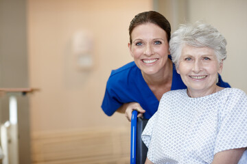 Face, caregiver and senior woman in hospital, smile and healthcare for recovery, assisted living...