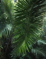 Fototapeta premium Close-up of a single palm frond against the backdrop of a vibrant jungle with dark green foliage, natural colors, close-up photography, leaf texture, tropical plants, organic shapes