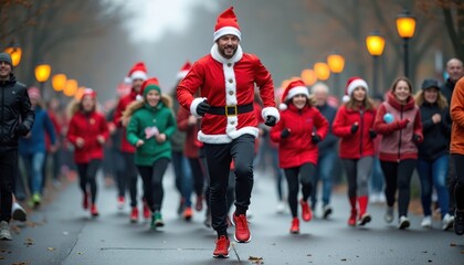 Festive runners participate in charity Christmas run. People wear festive costumes like Santa suits for fundraising. Many people run together on city street. Its likely Christmas season.