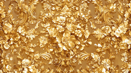The image contains a repeating pattern of gold flowers and leaves on a brown background. the style is ornate and reminiscent of gilded baroque or rococo designs. Rococo. Illustration