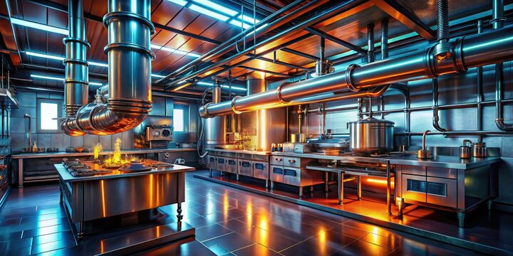 Cyberpunk kitchen:  bioluminescent ingredients, clanking machinery, high-tech food prep in a dystopian diner.