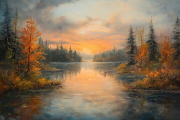 Fototapeta premium Artistic interpretation of a serene lake surrounded by vibrant autumn trees at sunset