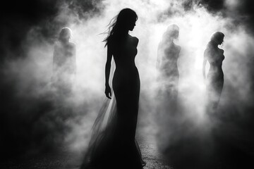 Fototapeta premium Silhouettes emerge from mist in an atmospheric display of light and shadow at dusk