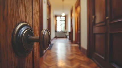 Apartment hallway, wooden doors with metal handles, contemporary style