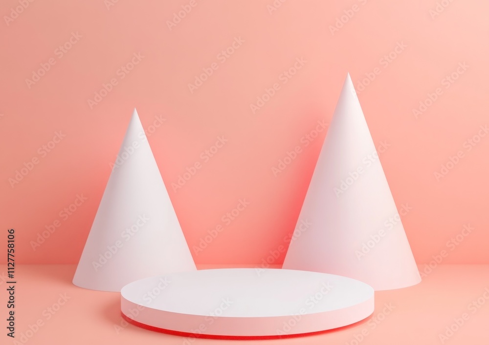 Aufkleber minimalist pastel pink background with white cone shapes and platform.