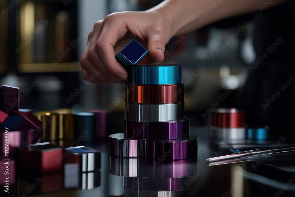 Aufkleber hand placing cube on colorful cylinder stack.