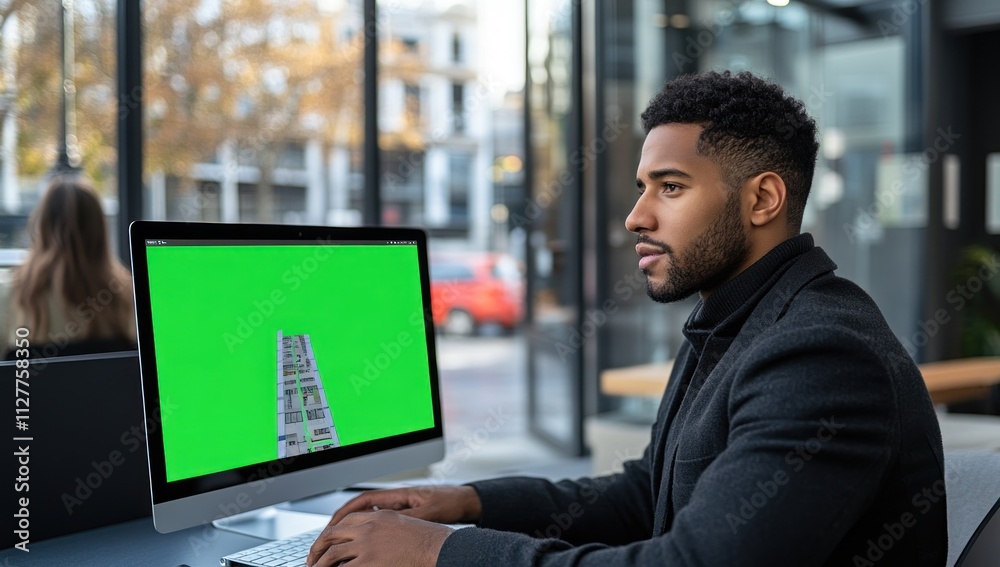 Poster Man using computer with green screen in modern office.