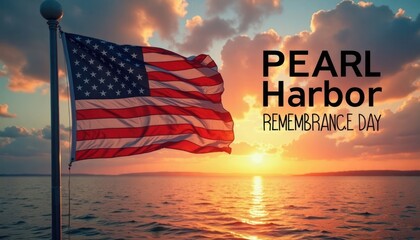 American flag waves dramatically against dramatic sunset sky over water. Commemorating Pearl Harbor Remembrance Day. Patriotic scene honors national heroes. Tribute to victims, resilience. Sunrise