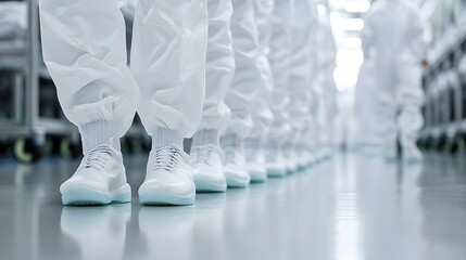 Black workforce in white gowns, shoe covers, walking factory tour