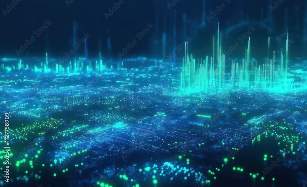 Aufkleber Futuristic cityscape with glowing lines and data streams.