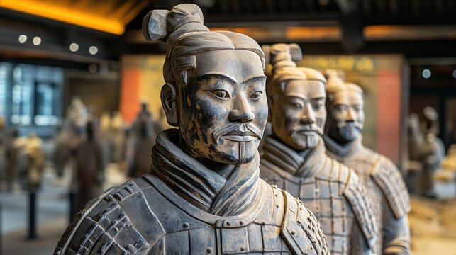 Terracotta army statues, ancient warriors.