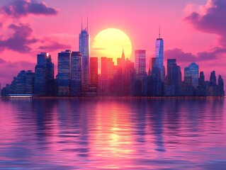 Obraz premium City Skyline Sunset Over Water Reflection