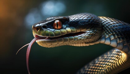 Fototapeta premium Dark Emerald Tree Snake Gliding Through Lush Greenery
