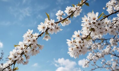 Close-up of white cherry blossom tree branches against bright blue sky, floral, blooming, background, sky