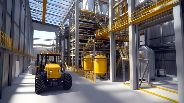 A yellow tractor is driving through a large industrial building. The building is filled with machinery and tanks, and the atmosphere is industrial and mechanical