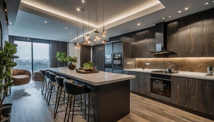 Explore this ultra-modern, spacious apartment showcasing a trendy luxury kitchen decor in dark hues, perfectly blending style and functionality for a contemporary living experience.