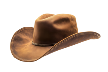 Rodeo horse rider, wild west culture, Americana and american country music concept theme with side view of a brown leather cowboy hat isolated on white background with clip path cut out