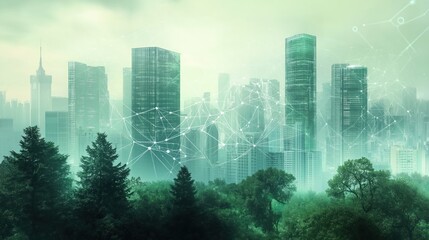 Cityscape with green park. AI technologies effect on sustainable built environment. Network connections between urban buildings, nature. Futuristic concept of eco-friendly urban design. Illustration
