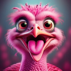 Fototapeta premium Happy Cartoon Ostrich with Vibrant Pink Feathers