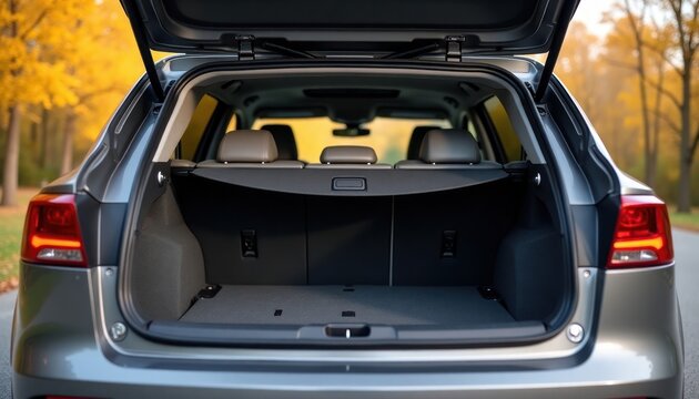 Empty car trunk open spacious interior. Modern design. Plenty of cargo space. Clean look perfect for practicality. Vehicle storage capacity. Versatile car trunk. Ideal for various items. Stylish car