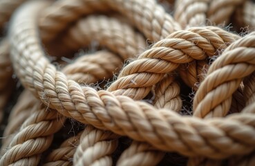 Closeup view of tightly woven rope. Natural fibers clearly visible. Intricate patterns created by rope construction prominent. Image highlights beauty of handcrafted rope. Focus on texture, detail