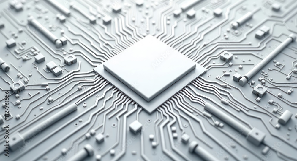 Poster abstract circuit board pattern in grayscale shows intricate lines, components. high-tech design. geo