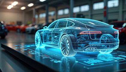 Futuristic electric vehicle tech industry concept. Virtual graphic user interface displays detailed car repair analysis. Transparent vehicle model displayed on screen. Modern auto repair garage