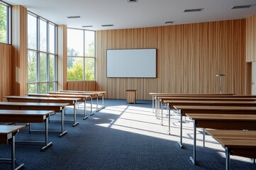 Modern Classroom Interior with Natural Light and Minimalist Design