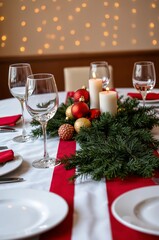 Fototapeta premium Elegant Christmas Table Setting with Greenery, Candles, and Ornaments