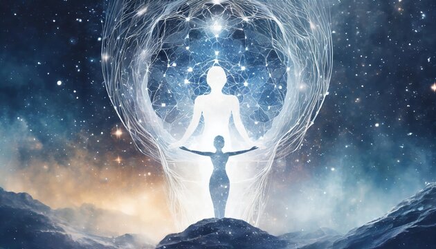 Astral Body Silhouette Against an Abstract Space Background: A Representation of Esoteric Concepts, Spiritual Life, and Meditation Practices for Inner Peace and Cosmic Connection