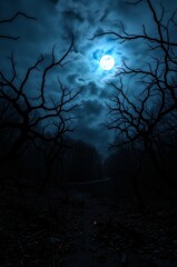 Fototapeta premium Mysterious Moonlit Forest at Night with Gnarled Trees and Dramatic Cloud Cover