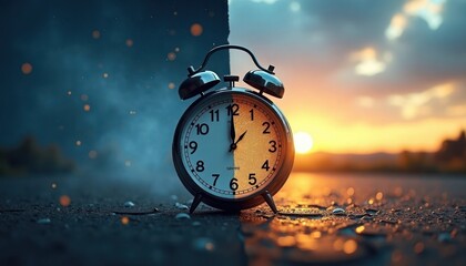 Split view shows clock during day, night. Concept daylight saving time. Clock face shows time. Daytime side displays sunset sky. Nighttime side shows dark with sparkles. Time difference concept.