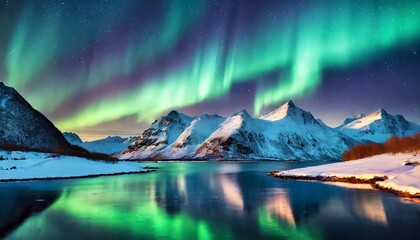 Breathtaking Aurora Borealis Over Norway: Mesmerizing Green Northern Lights Dancing Above Majestic Mountains Under a Starry Night Sky in the Arctic Circle