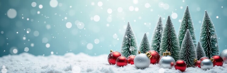 Obraz premium Festive winter scene shows snow-covered miniature pine trees with shiny Christmas ornaments. Falling snow creates magical holiday atmosphere with bokeh lights. Decorated trees, ornaments rest on