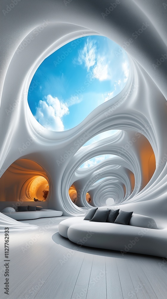 Poster Abstract white architectural interior design. Empty space with soft light, sky views. Modern design with smooth curves, light through openings. Stylish, futuristic interior. Modern architecture with