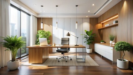 Fototapeta premium Modern Luxury Office Interior Design: White Walls, Desk, Computers - Stock Photo