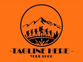 Black silhouettes show hikers exploring a mountain landscape with a structure. Suitable for travel brochures, adventure websites, or outdoorthemed designs