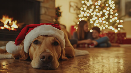A dog wearing a Santa hat lays on the floor in front of a Christmas tree