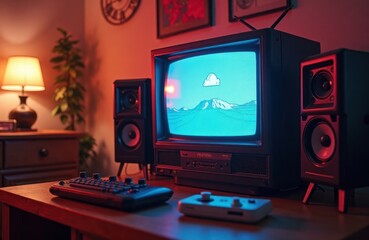 Retro gaming setup features vintage TV with video game display. Gaming console, controllers sit beside TV on wooden table. Cozy home ambiance. Retro tech. Vintage style. Gaming room. Nostalgic vibe.