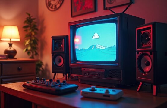 Retro gaming setup features vintage TV with video game display. Gaming console, controllers sit beside TV on wooden table. Cozy home ambiance. Retro tech. Vintage style. Gaming room. Nostalgic vibe.
