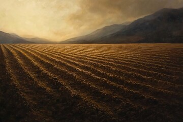 Serene Landscape of Plowed Field Under Dramatic Cloudy Sky