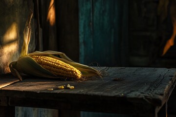 Fresh Corn Cob with Natural Light on Rustic Wooden Table