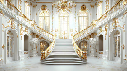 Naklejka premium Grand white palace with golden accents and a grand staircase. Rococo. Illustration