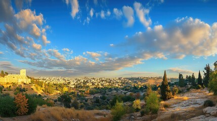 Jerusalem cityscape, autumn foliage, sunset sky.