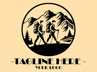 Two hikers hike through mountains at sunset, with backpacks. Adventure, travel, nature, exploration, hiking, outdoors, vacation, and backpacking themes