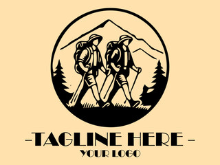 Two hikers hike through mountains at sunset, with backpacks. Adventure, travel, nature, exploration, hiking, outdoors, vacation, and backpacking themes