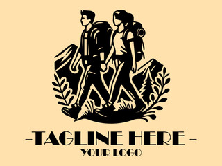 Two hikers hike through mountains at sunset, with backpacks. Adventure, travel, nature, exploration, hiking, outdoors, vacation, and backpacking themes