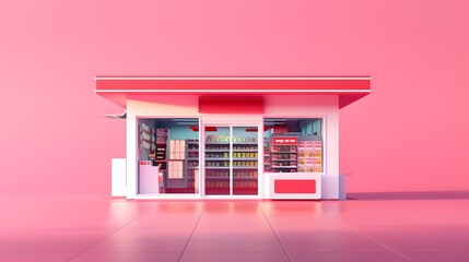 A minimalist pink storefront with a glass front and shelves filled with products.