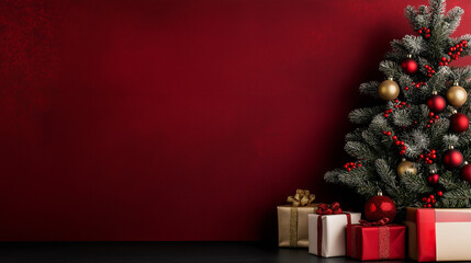 Christmas Tree and Gifts against a Deep Red Wall 