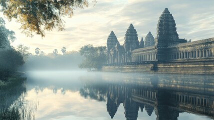 Misty sunrise, Angkor Wat reflected in water.